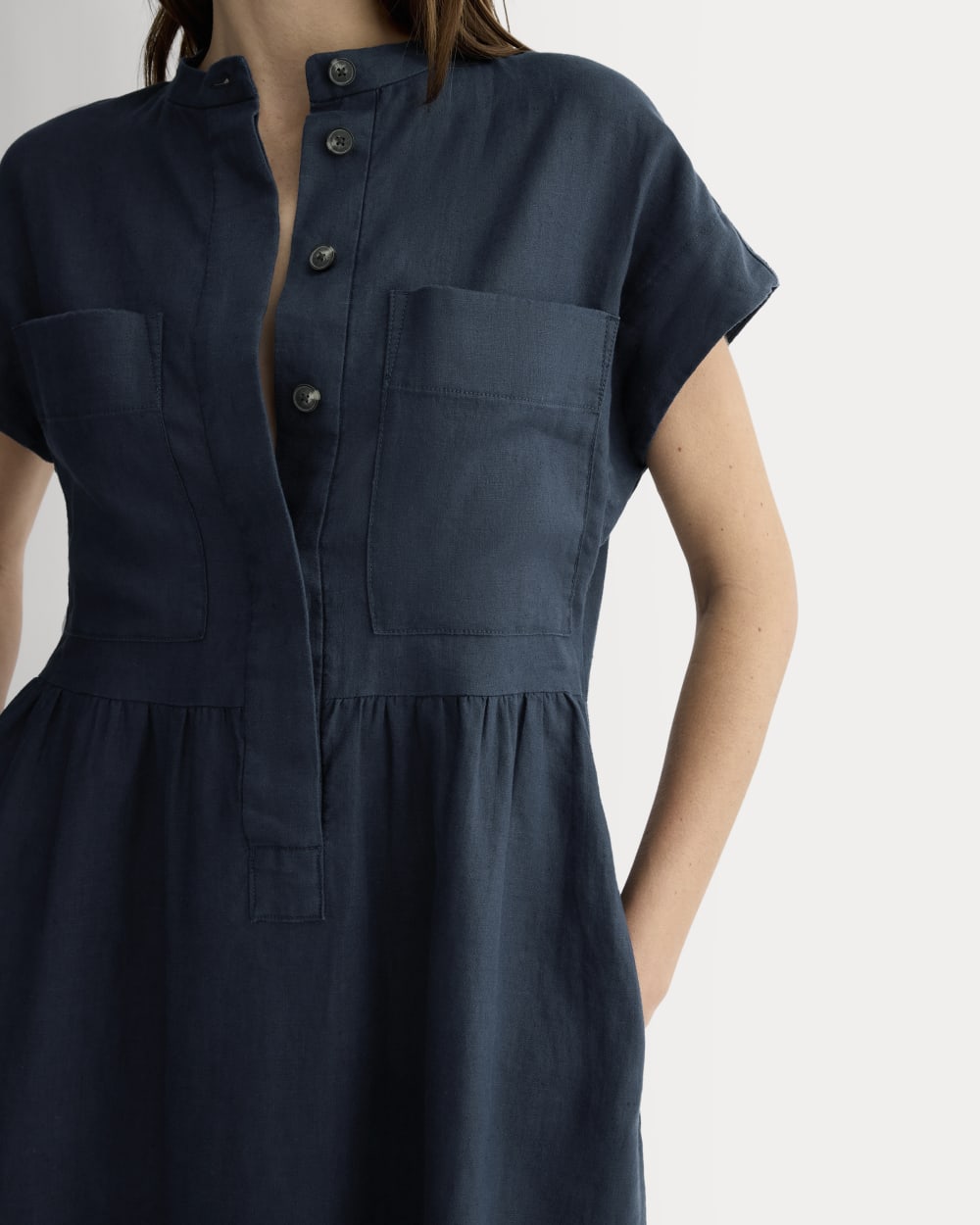 The Craft Dress in Linen in Navy — detail view