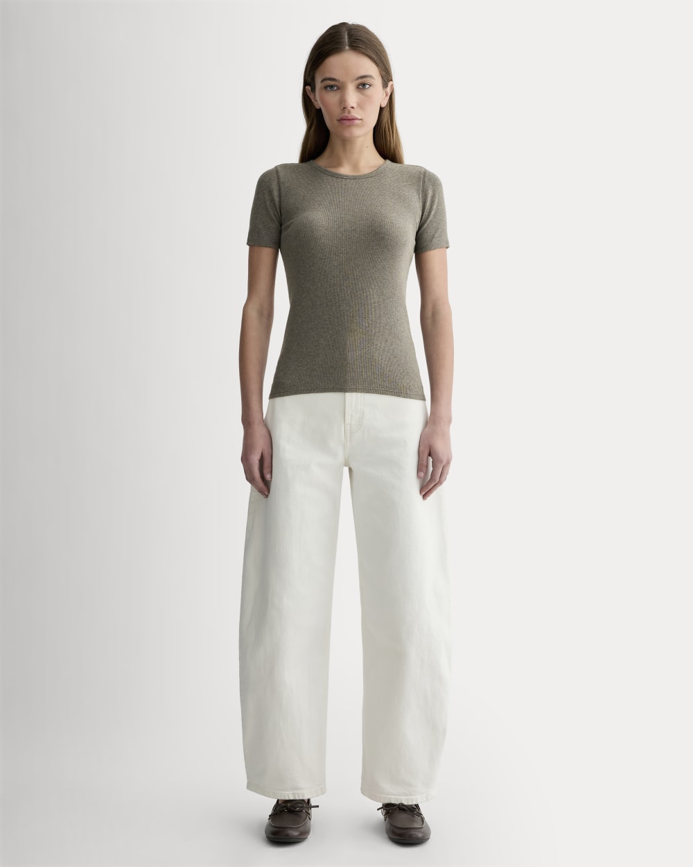 The Luxe Rib Crew in Heathered Fatigue — detail view
