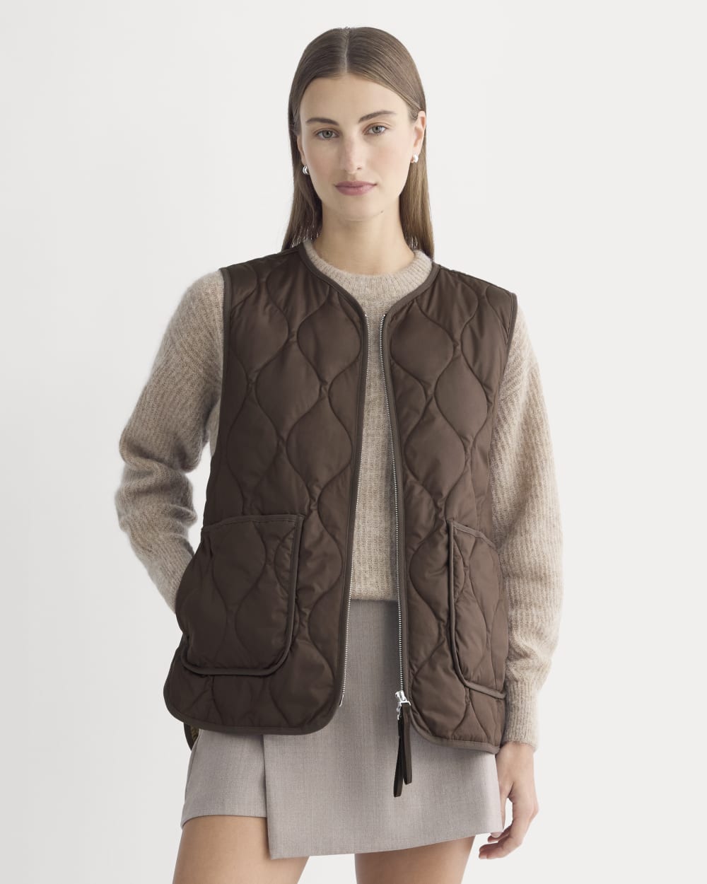 ReNew Quilted Vest in Coffee Bean — front view