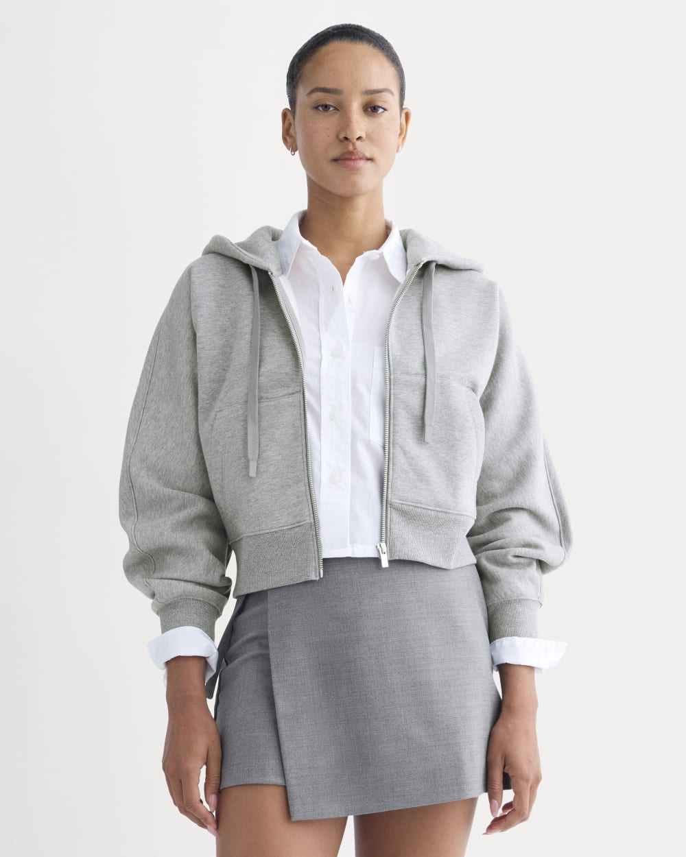 Luxe Fleece Full-Zip Cropped Hoodie in Vintage Heather Grey — front view