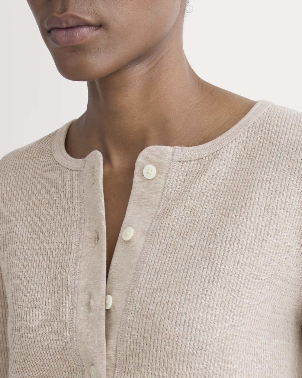 Boxy Henley in Cozy Waffle in Heathered Oatmeal — detail view