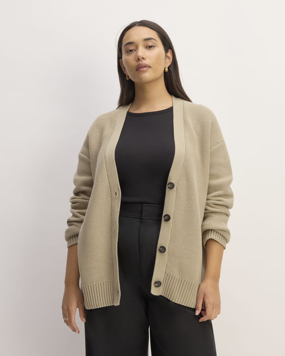 The Cotton Honeycomb Cardigan in Trench Coat Khaki — front view