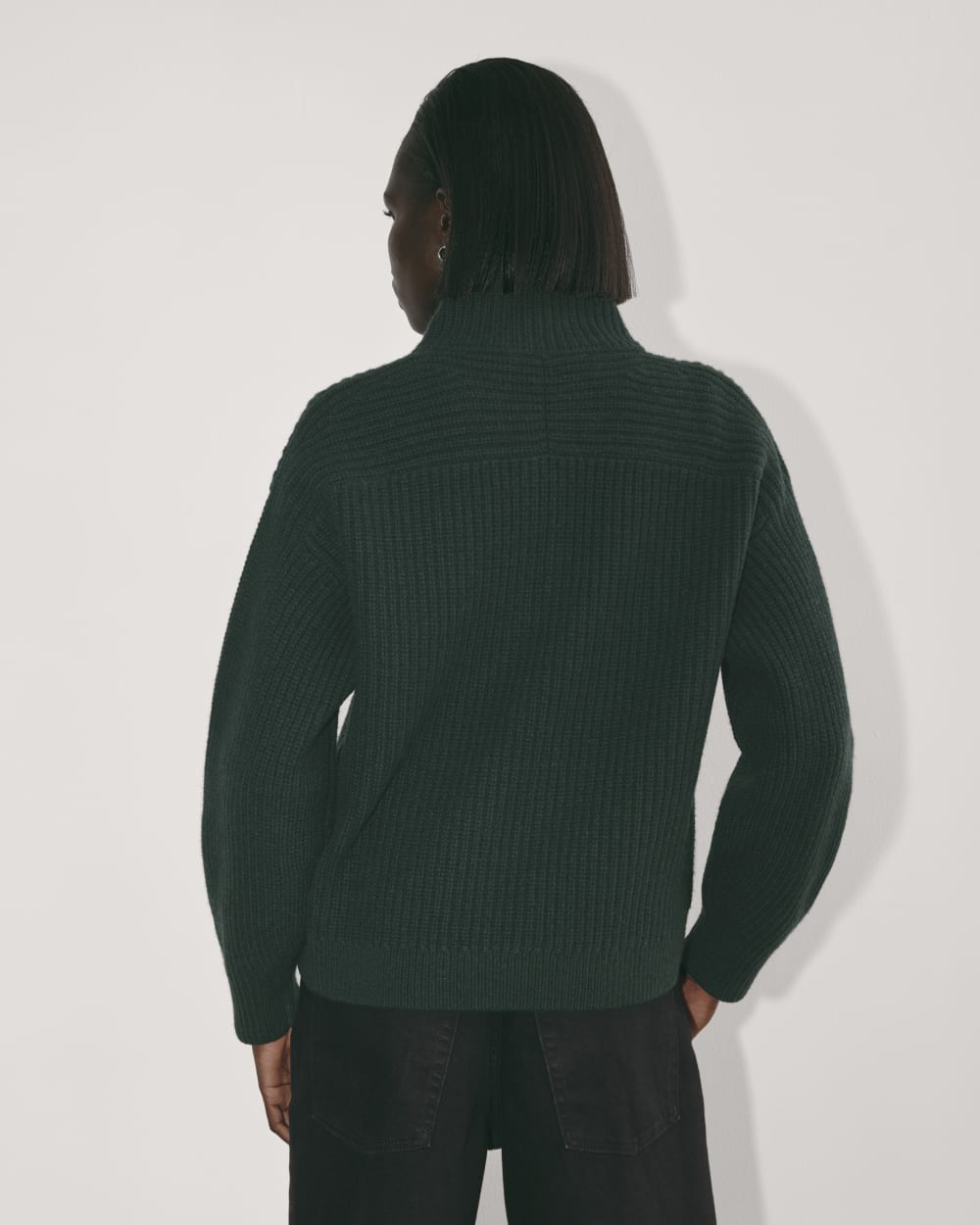 The Half-Zip Sweater in Luxe Merino in Heather Scarab Green — detail view