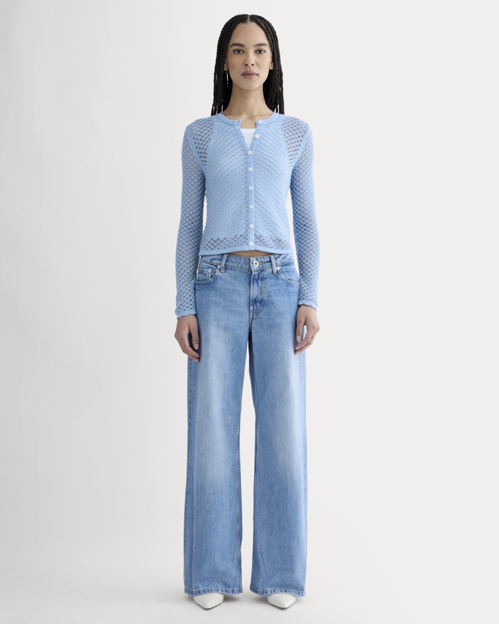 The Lace Knit Cardigan in Sky Blue — detail view