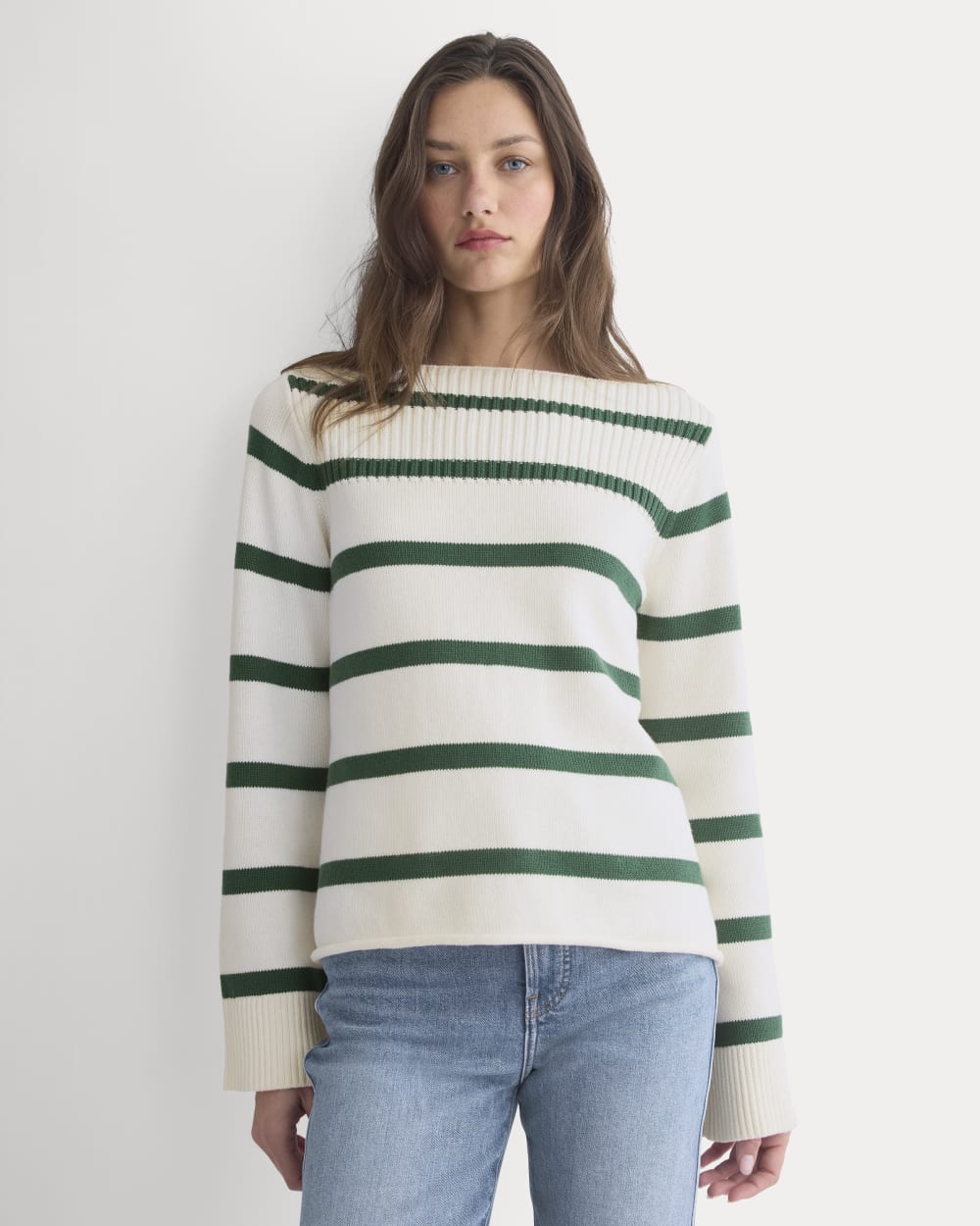 Striped Boatneck Sweater in Everyday Cotton in Hunter Green/Bone — front view