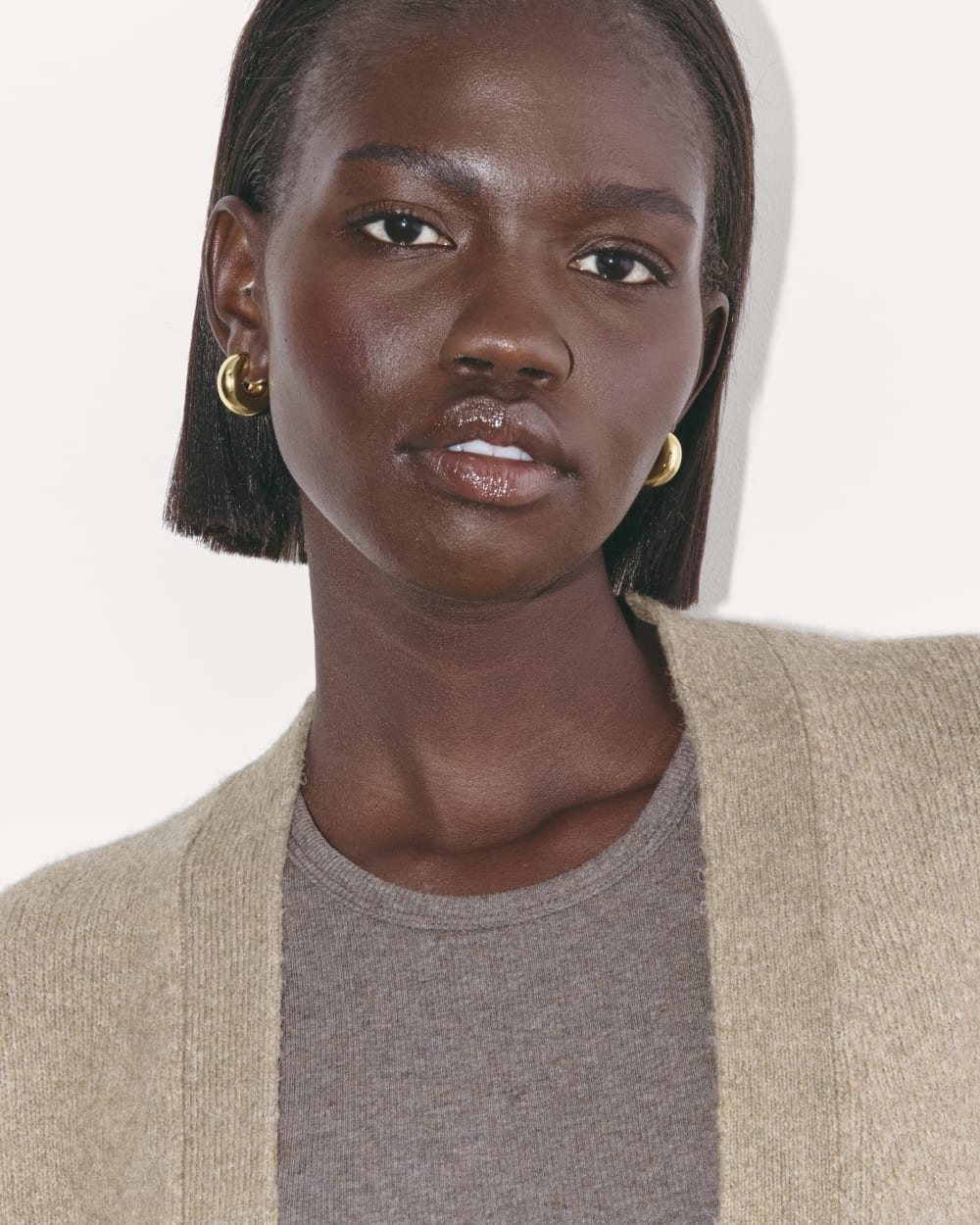 The Cocoon Cardigan in Plush Cotton in Heather Taupe — detail view