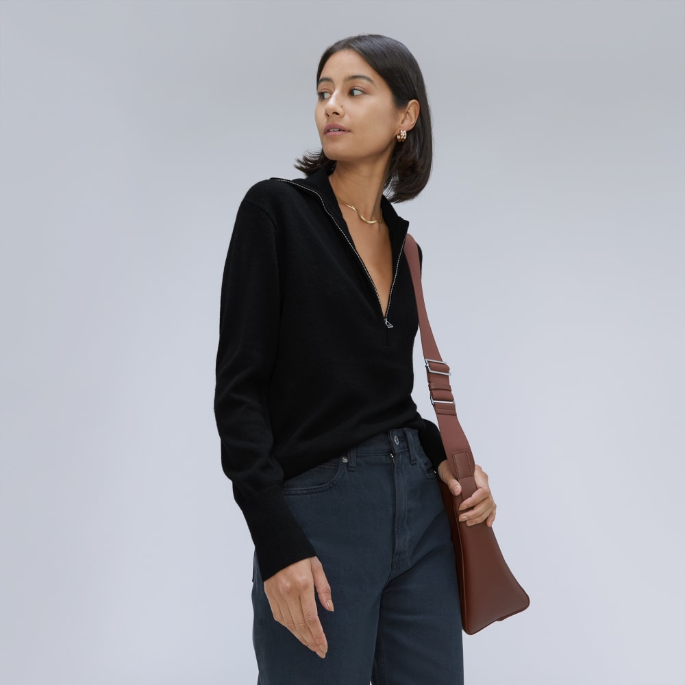 The Luxe Merino Half-Zip Sweater in Black — detail view