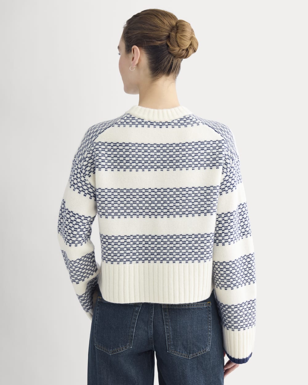Nordic Cropped Boxy Crew in Luxe Merino in Bone/True Navy — detail view