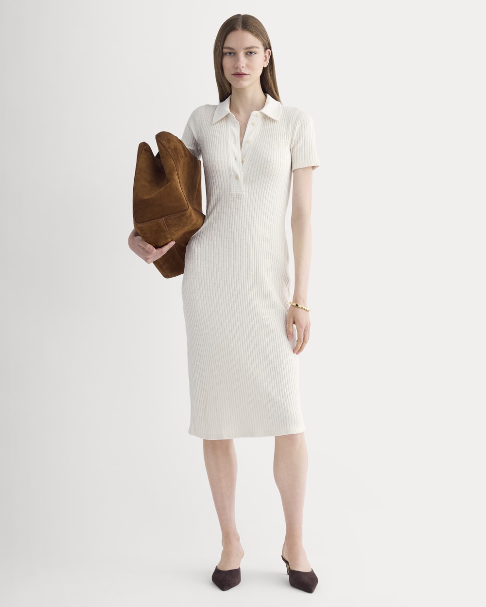 The Cozy Rib Polo Dress in Bone — front view