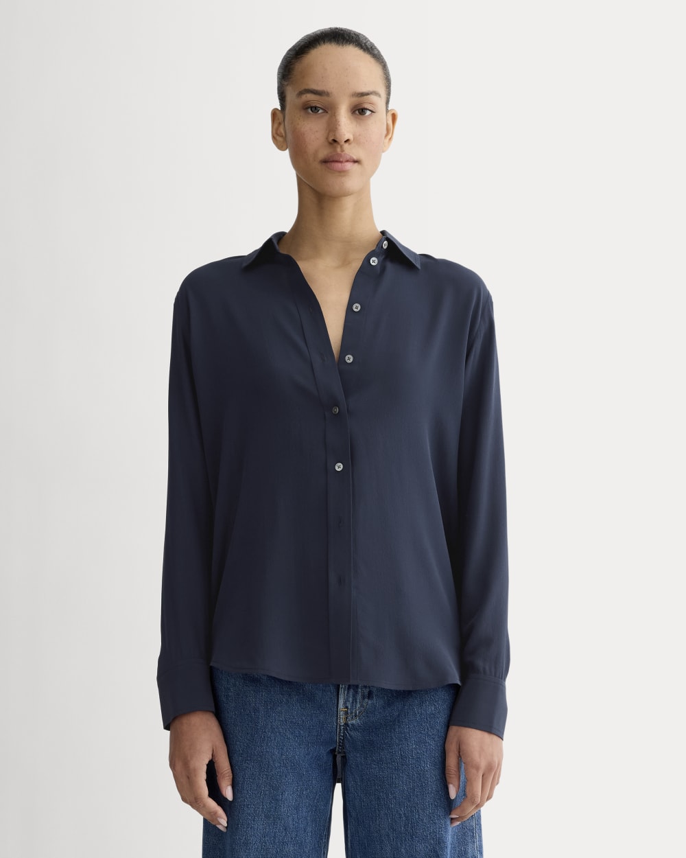 The Must-Have Shirt in Washable Silk in Navy — front view