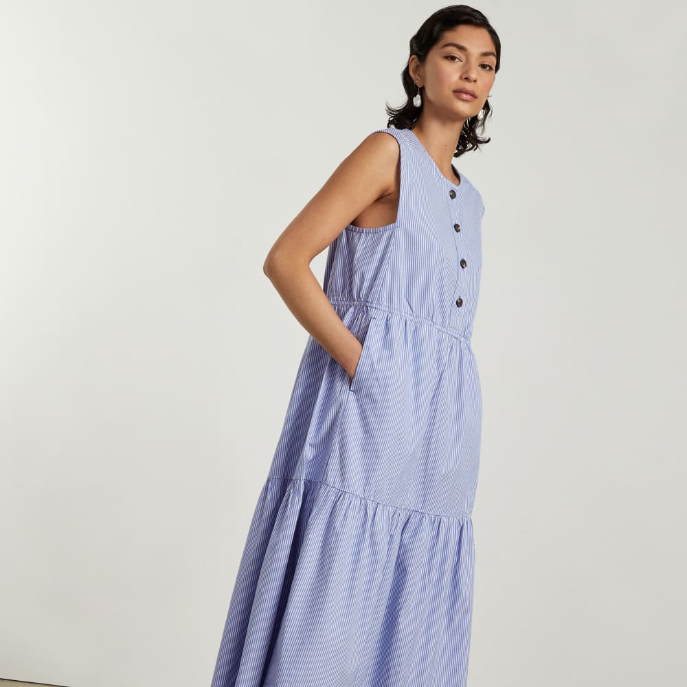 The Tiered Midi Dress in White / Blue Mini Stripe — detail view