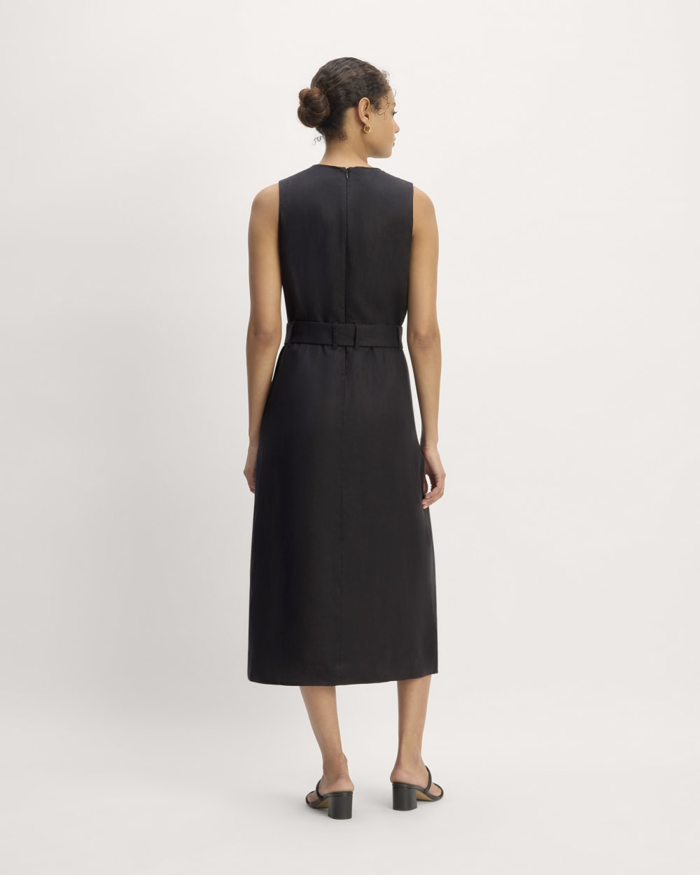 The Linen Belted Midi Dress in Black — detail view