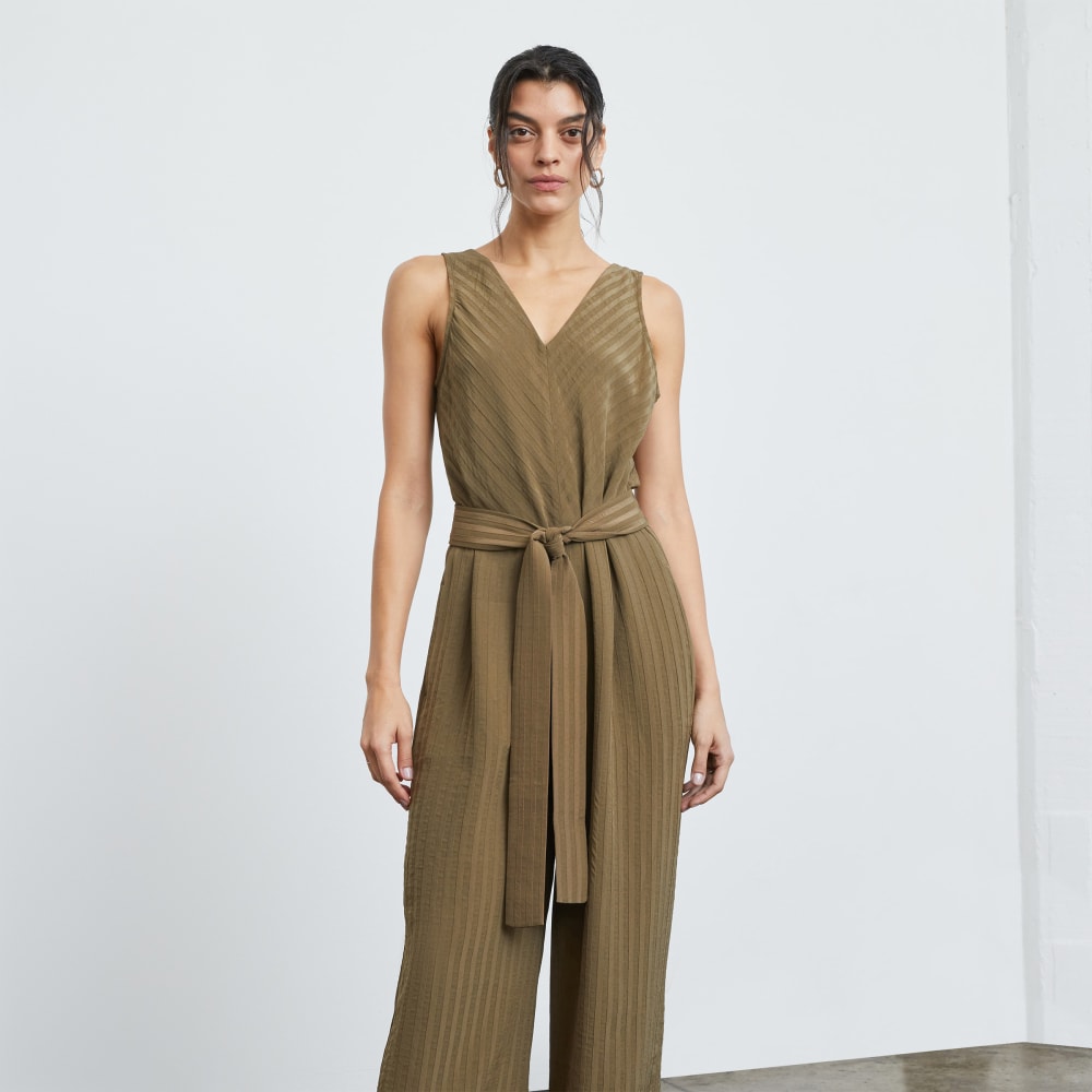 The City Stripe Draped Jumpsuit in Beech — detail view