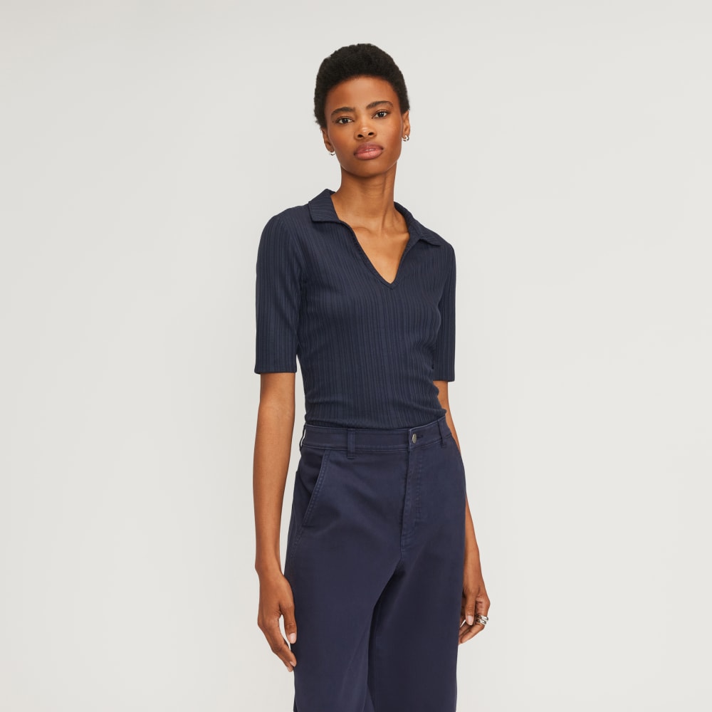 The Rib Soft Knit Open Collar Polo in Navy — front view