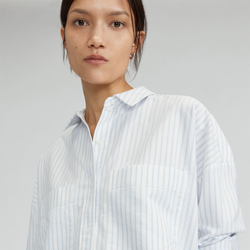 The Boxy Oxford in White / Periwinkle Mini Stripe — detail view