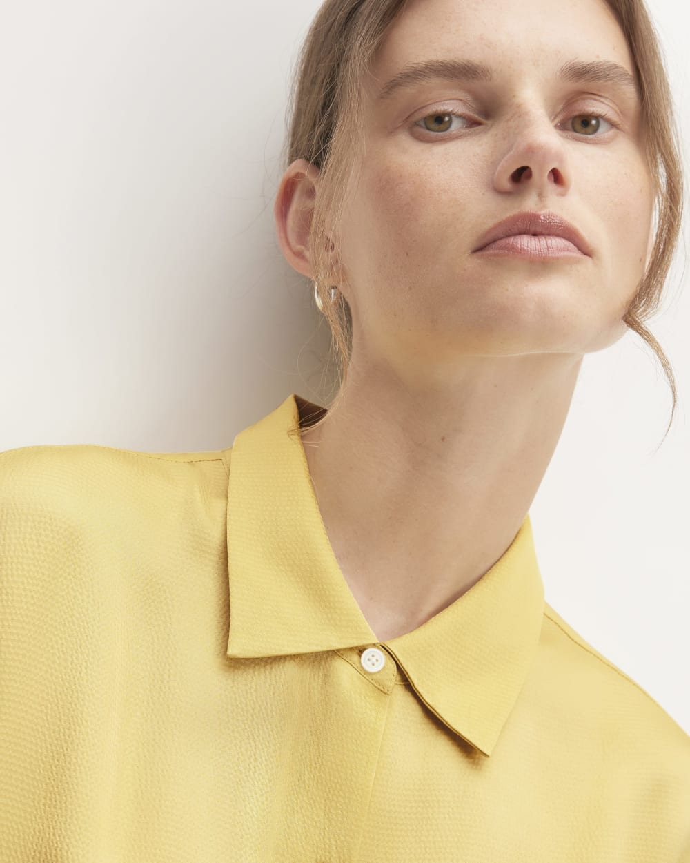 The Hammered Satin Shirt Dress in Raffia — detail view