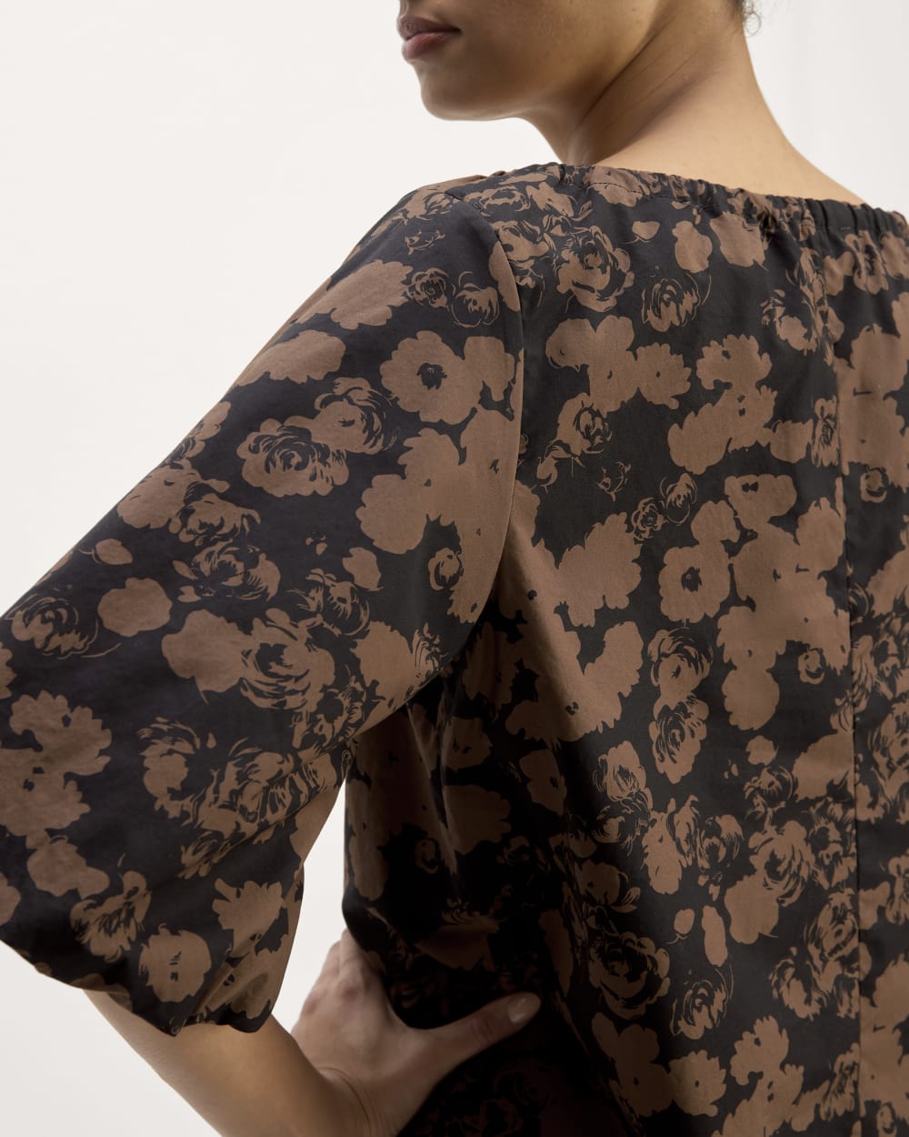 The Supima® Puff-Sleeve Top in Black / Cocoa Floral — detail view