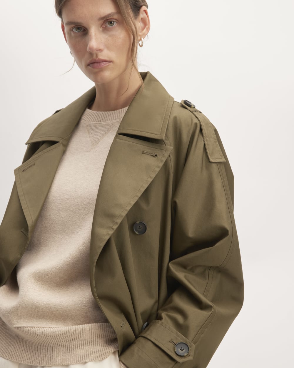 The Cotton Long Trench Coat in Beech — detail view