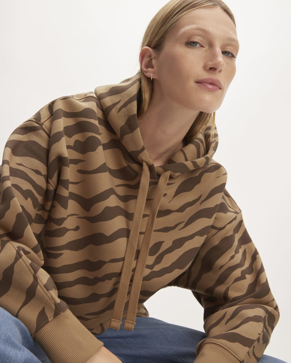The ReTrack Hoodie in Cocoa Tiger Stripe — detail view