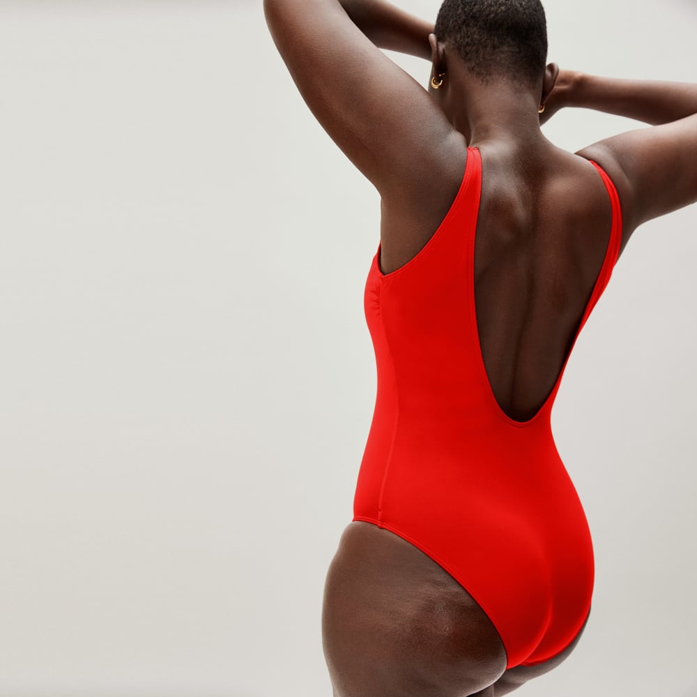 The Square-Neck One-Piece in Bright Red — detail view