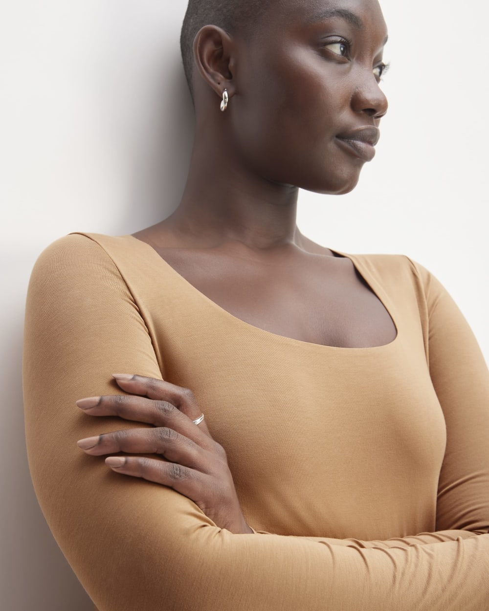 The Long-Sleeve Supima® Square-Neck Bodysuit in Tawny Brown — detail view