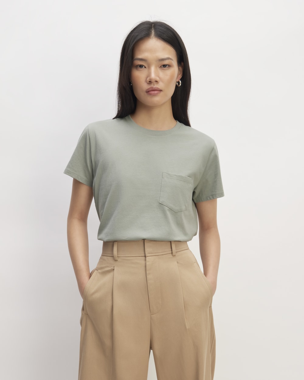 The Box-Cut Tee in Essential Cotton in Sage Green — front view
