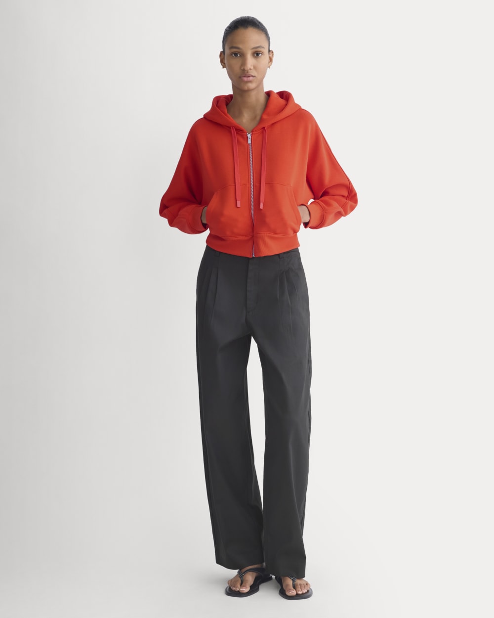 Luxe Fleece Full-Zip Cropped Hoodie in Fiery Red — detail view