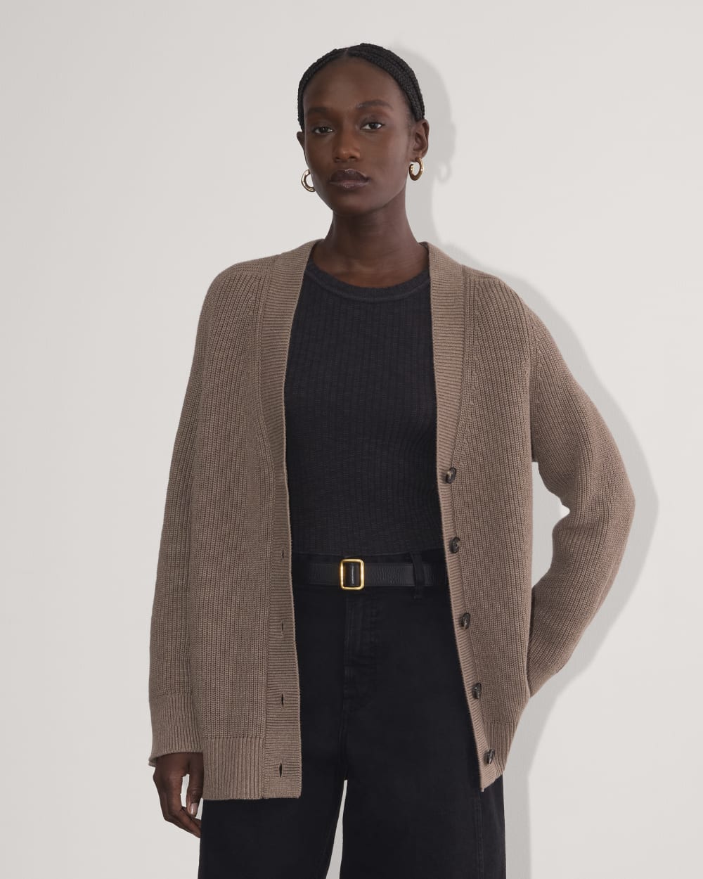 The Long Cocoon Cardigan in Heather Taupe — front view