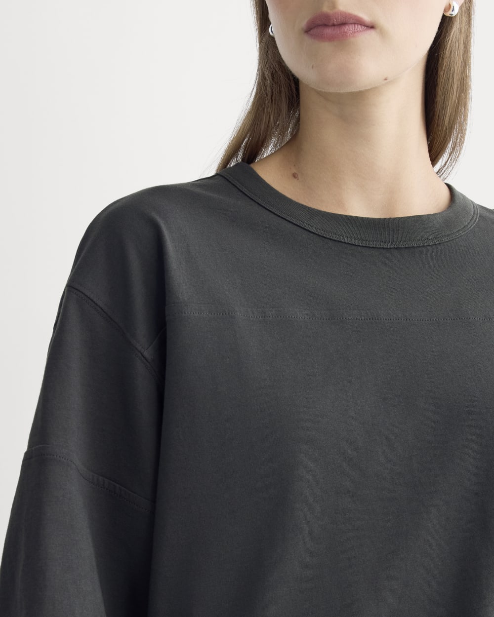 Oversized Varsity Tee in Essential Cotton in Washed Black — detail view