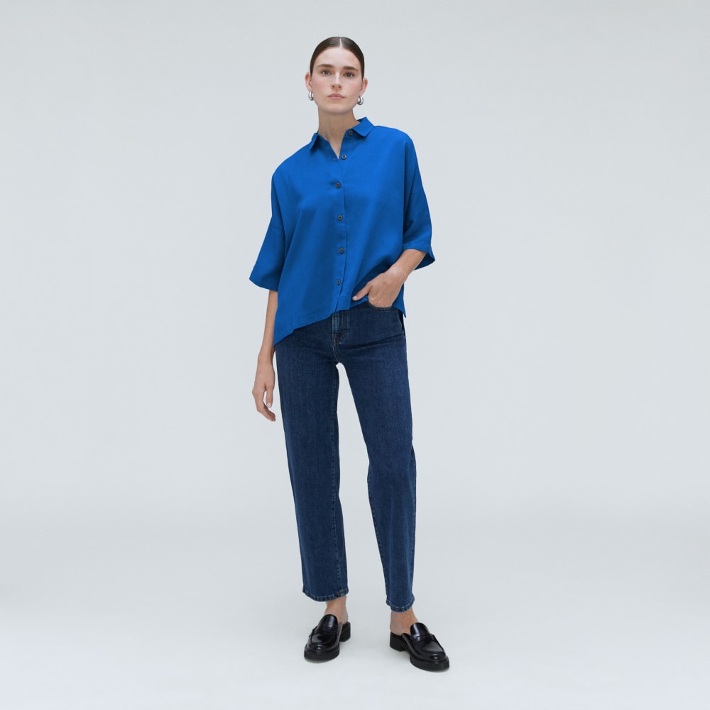 The Drapey Square Shirt in Lapis Blue — detail view
