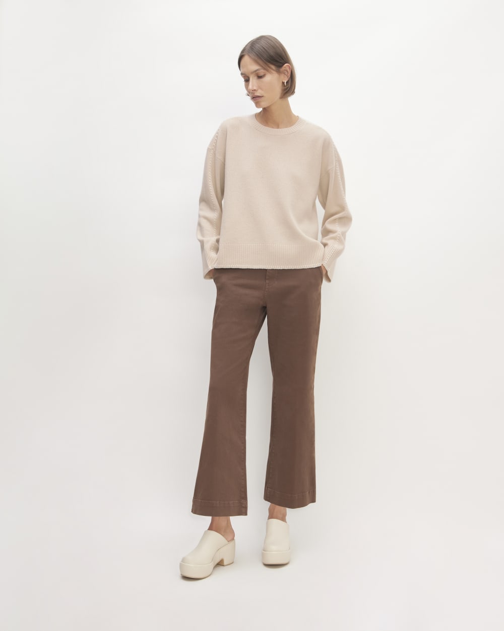 The Good Merino Wool Crewneck Sweater in Buttermilk / White — detail view