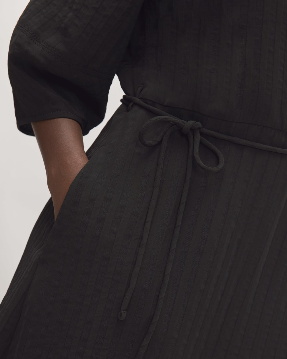 The City Stripe Wrap Dress in Black — detail view