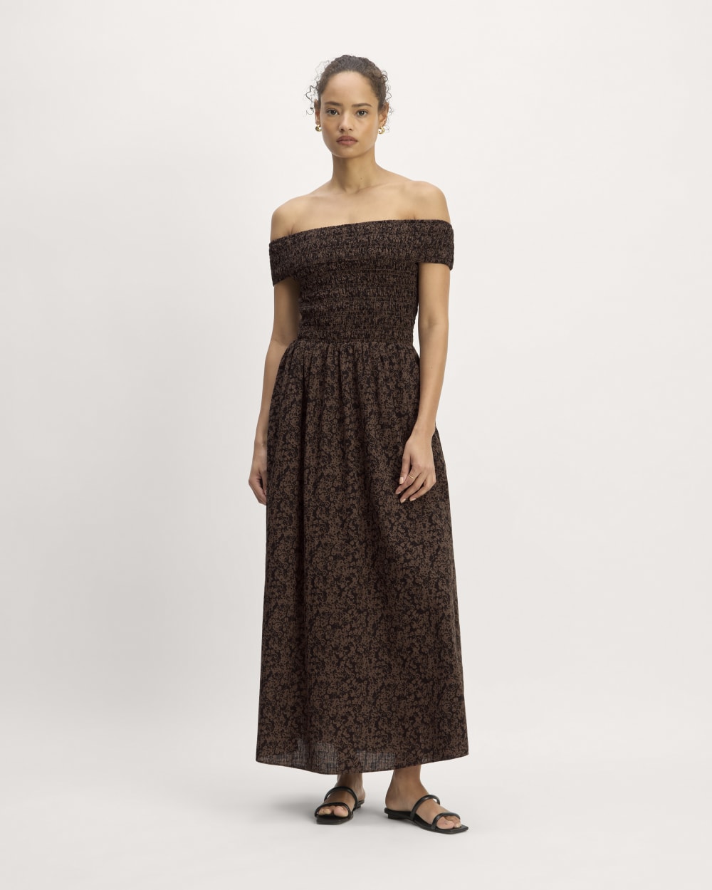 The Gauze Off-the-Shoulder Dress in Black / Cocoa Small Floral — detail view