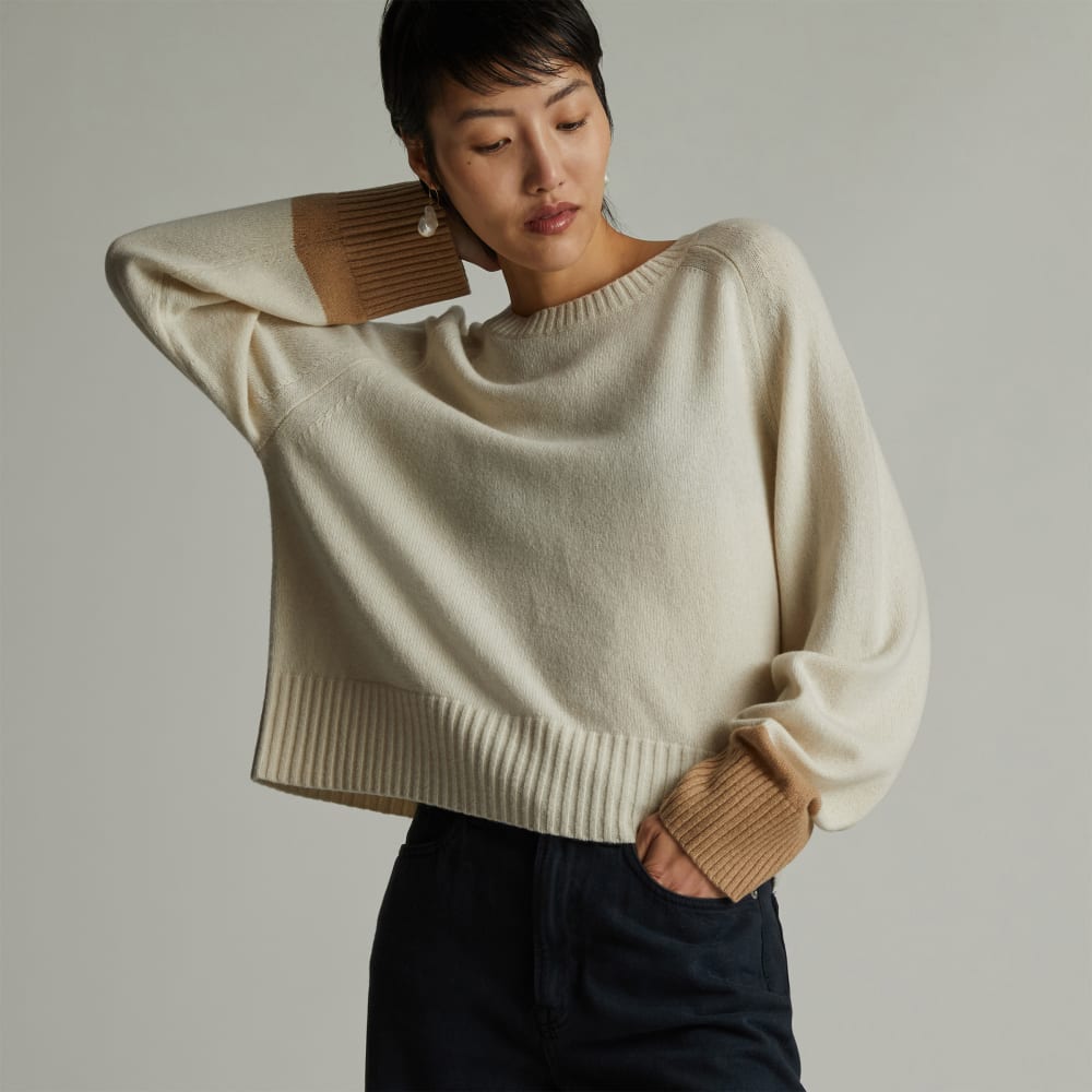 The Cashmere Boxy Crew in Bone / Light Camel — front view