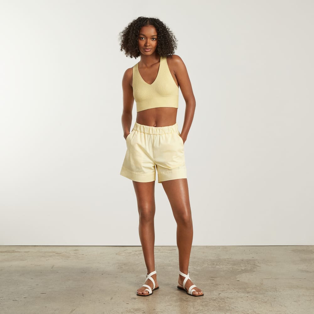 The Cross-Back Cropped Sweater Top in Pastel Yellow — detail view