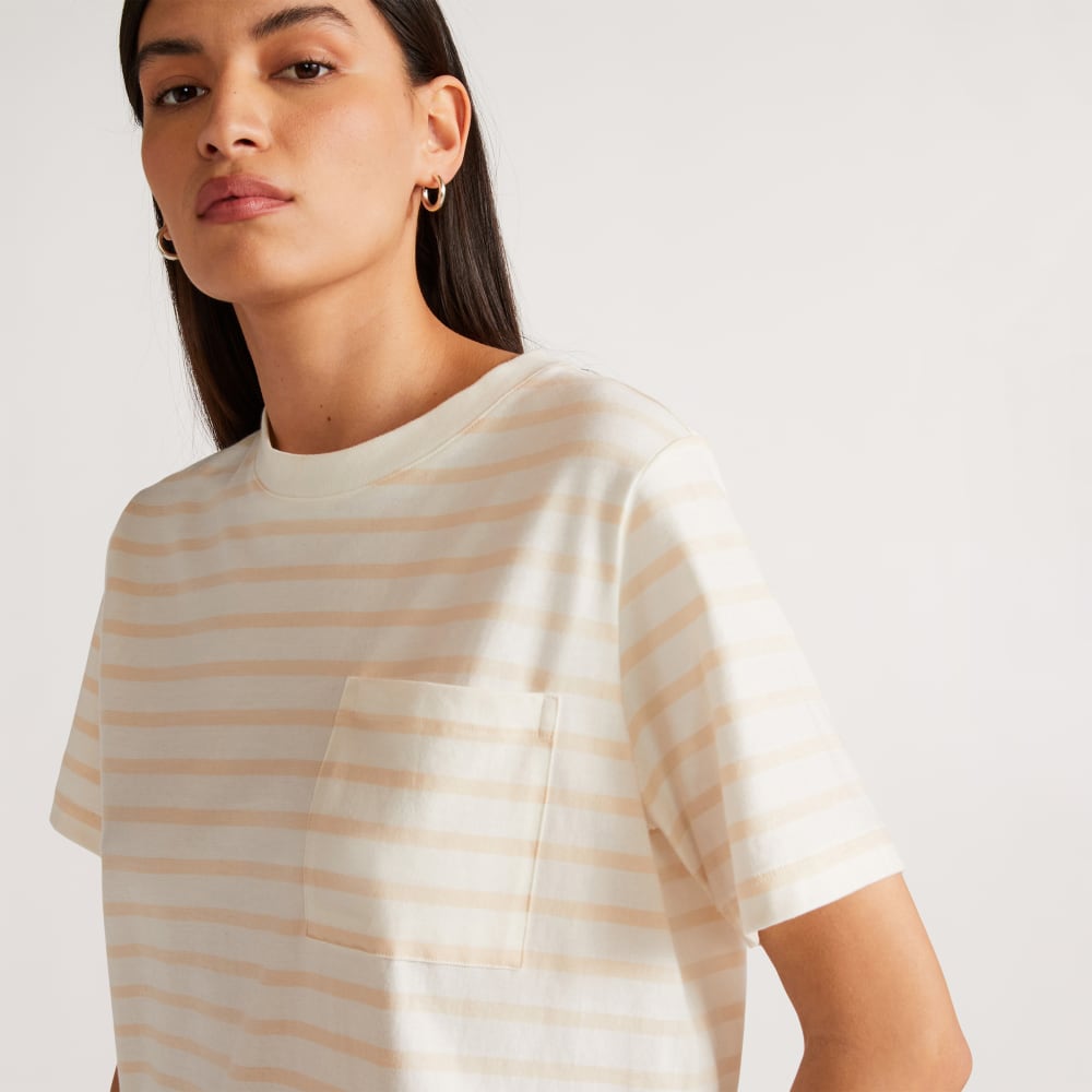 The Organic Cotton Weekend Tee Dress in Brazilian Sand / Canvas Tan — detail view