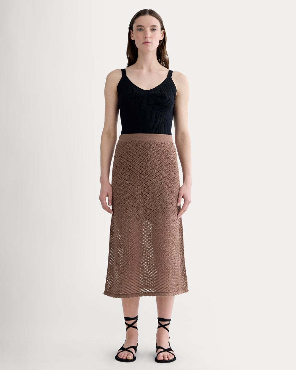 The Lace Knit Skirt in Mocha — front view