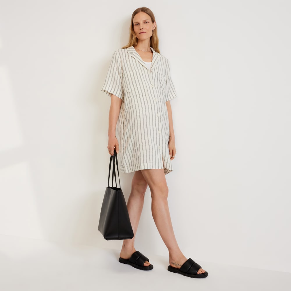 The Linen Workwear Dress in Black / Canvas Tan — front view