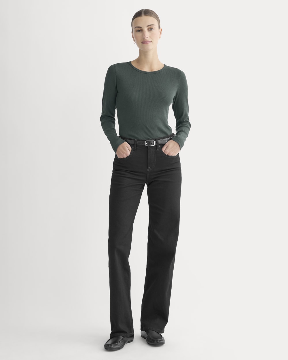 The Luxe Rib Long-Sleeve Crew in Heathered Dark Sea — detail view
