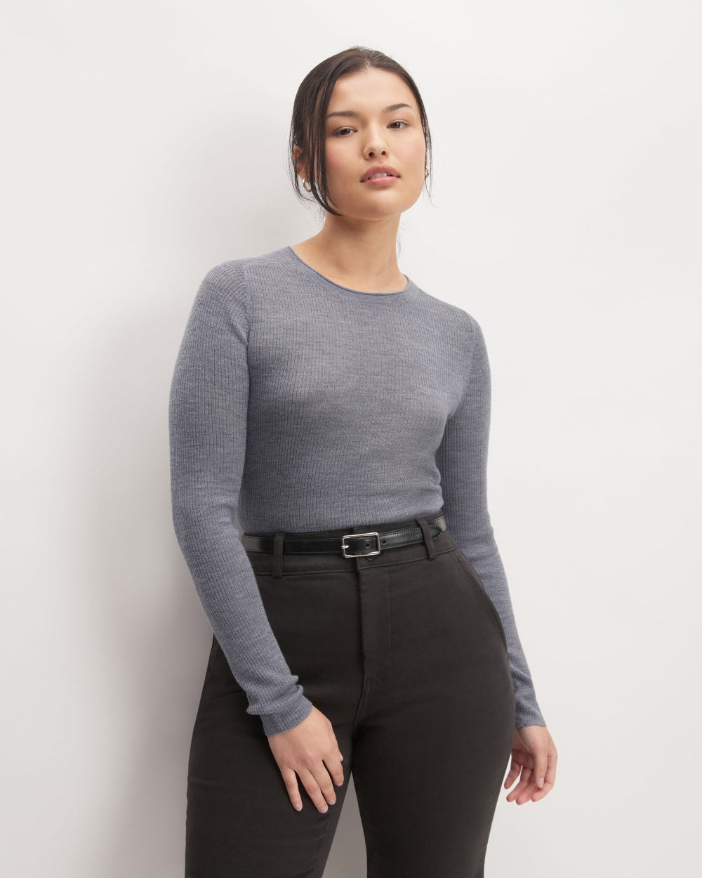The Long-Sleeve Sweater Tee in Ultrasoft Merino in Heather Mid Grey — front view