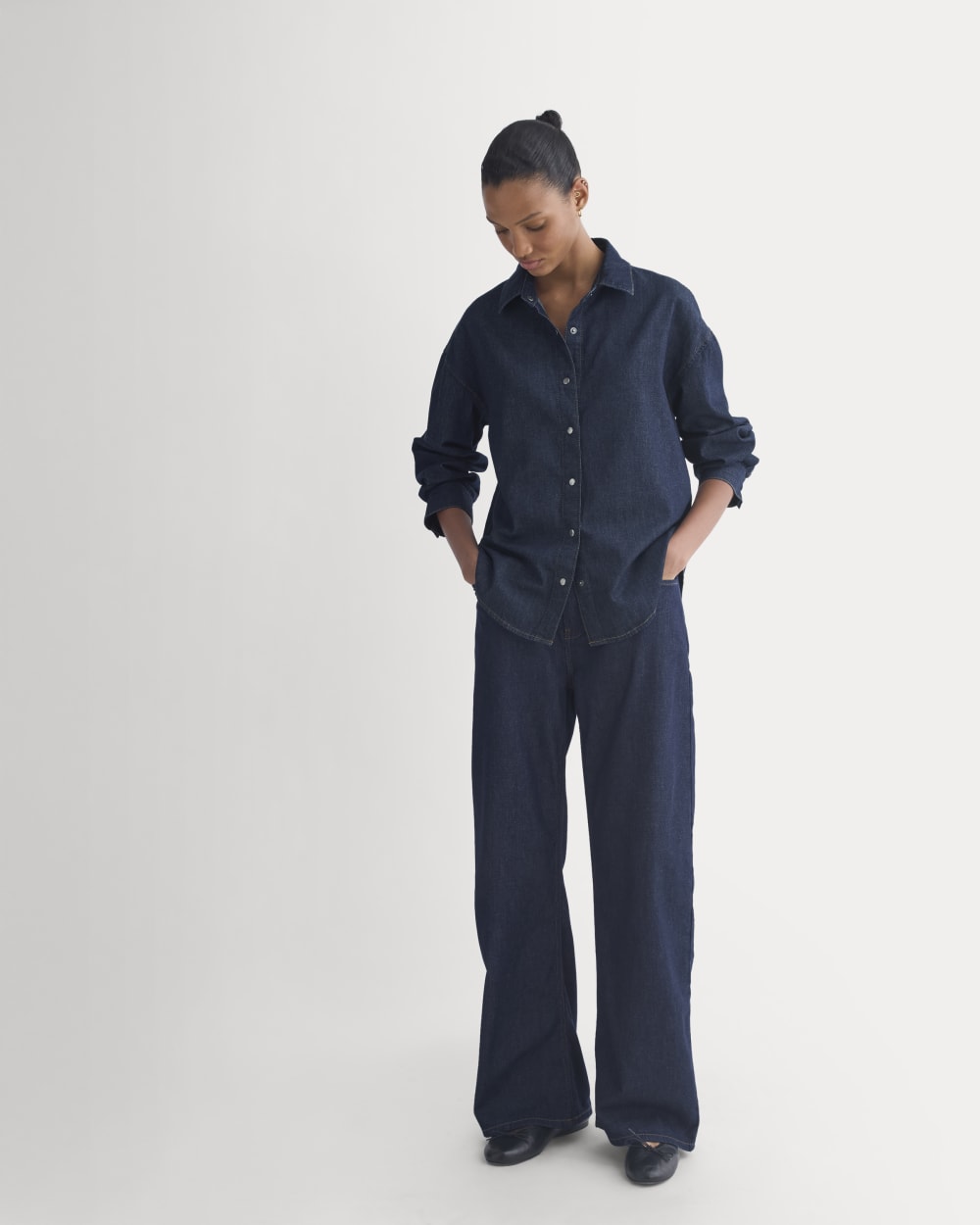 Everlane x Elena Bonvicini Balboa Button-Up Shirt in Deep Bay Indigo — detail view