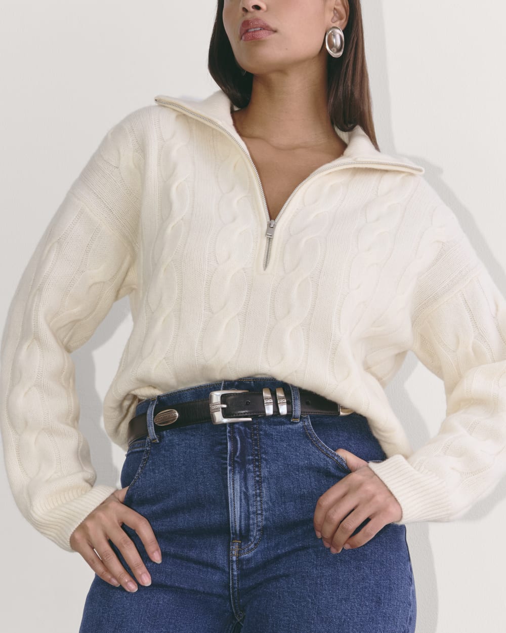The Cable Half-Zip in Luxe Merino in Bone — detail view