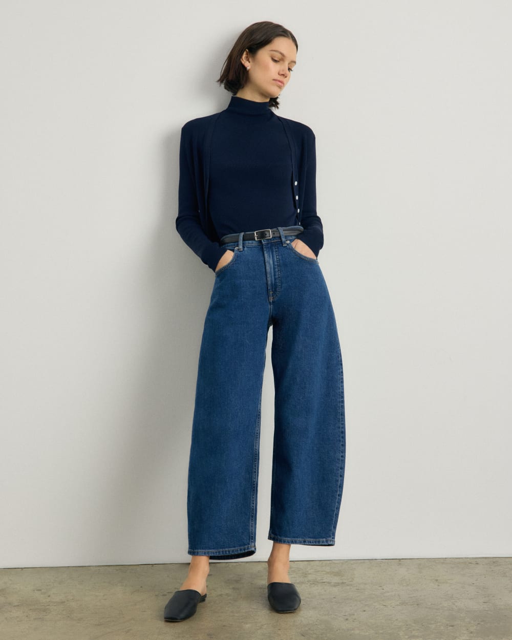 The Viscose Mock Neck Top in Navy — detail view
