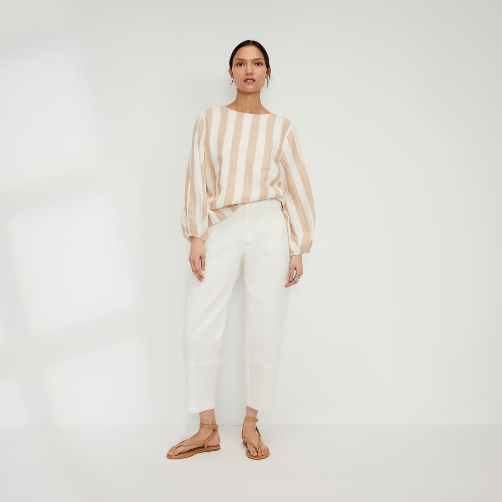 The Linen Long-Sleeve Top in Bone / Caramel — detail view