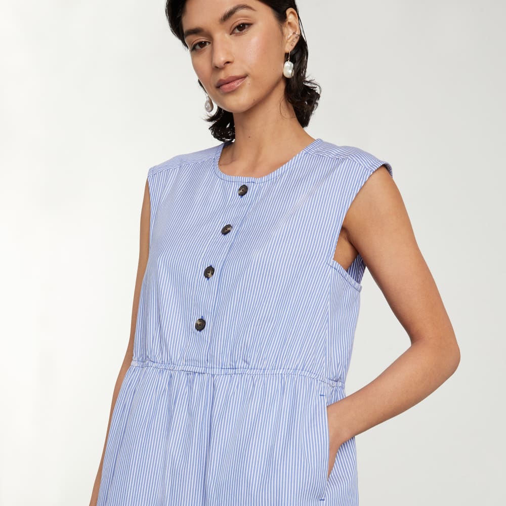 The Tiered Midi Dress in White / Blue Mini Stripe — detail view