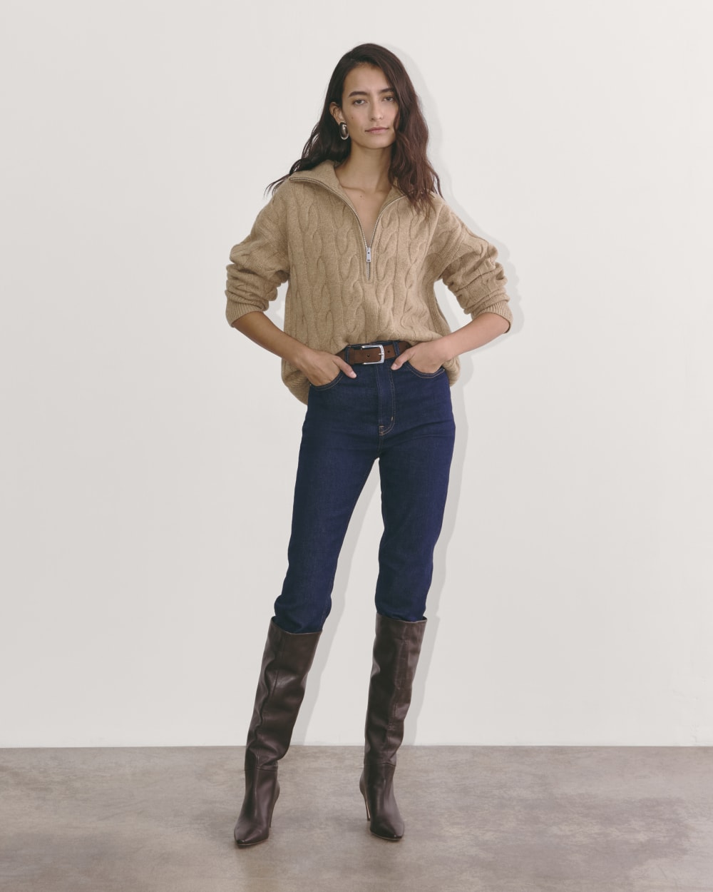 The Cable Half-Zip in Luxe Merino in Oat Melange — detail view