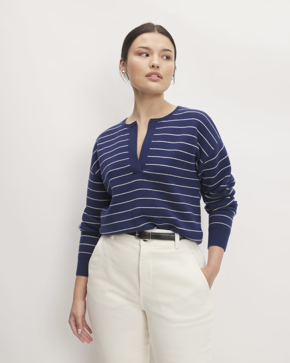 The Cotton-Merino Vintage Henley in Bright Navy / Canvas — front view