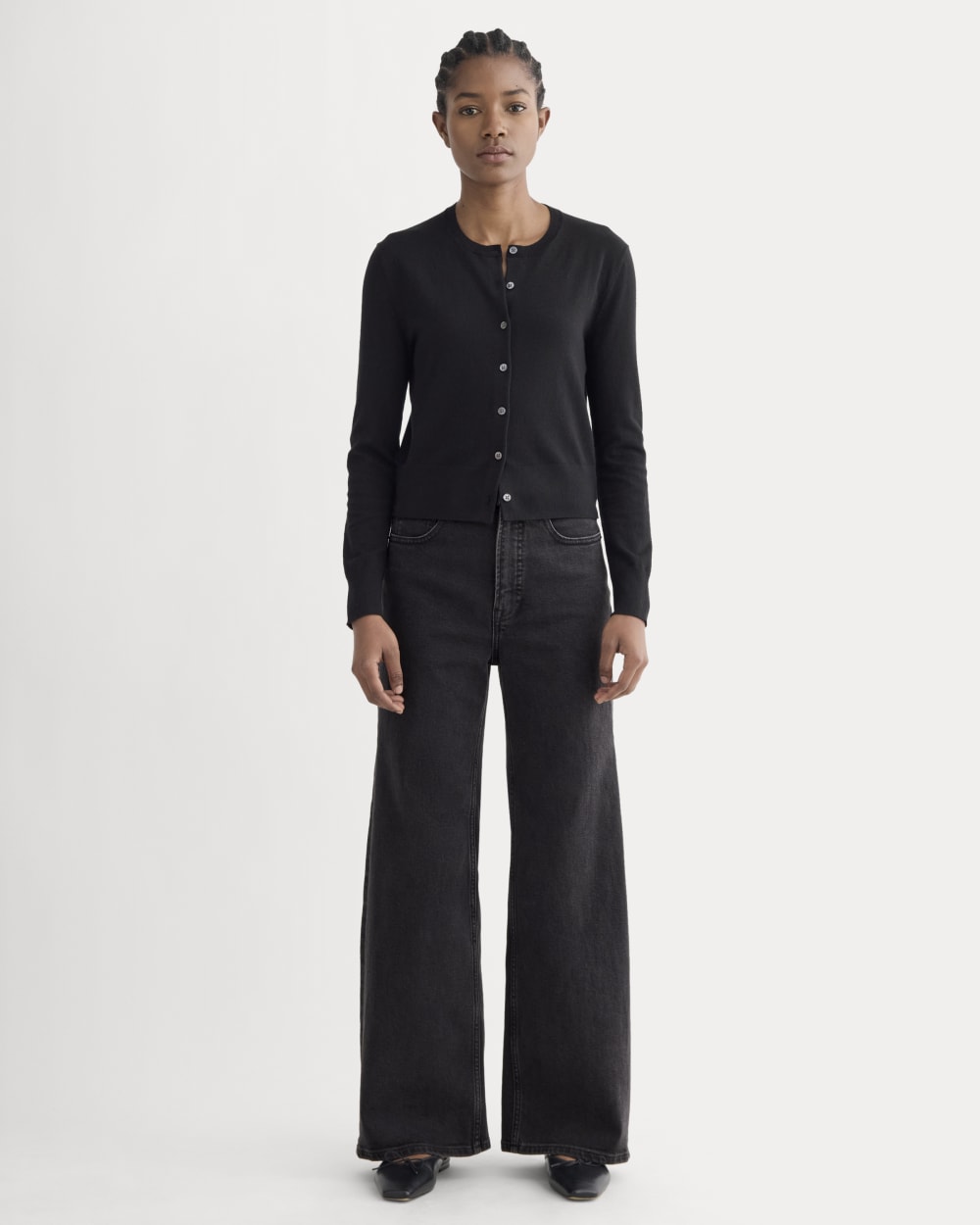 The Cropped Cardigan in Cotton Cashmere in Black — detail view