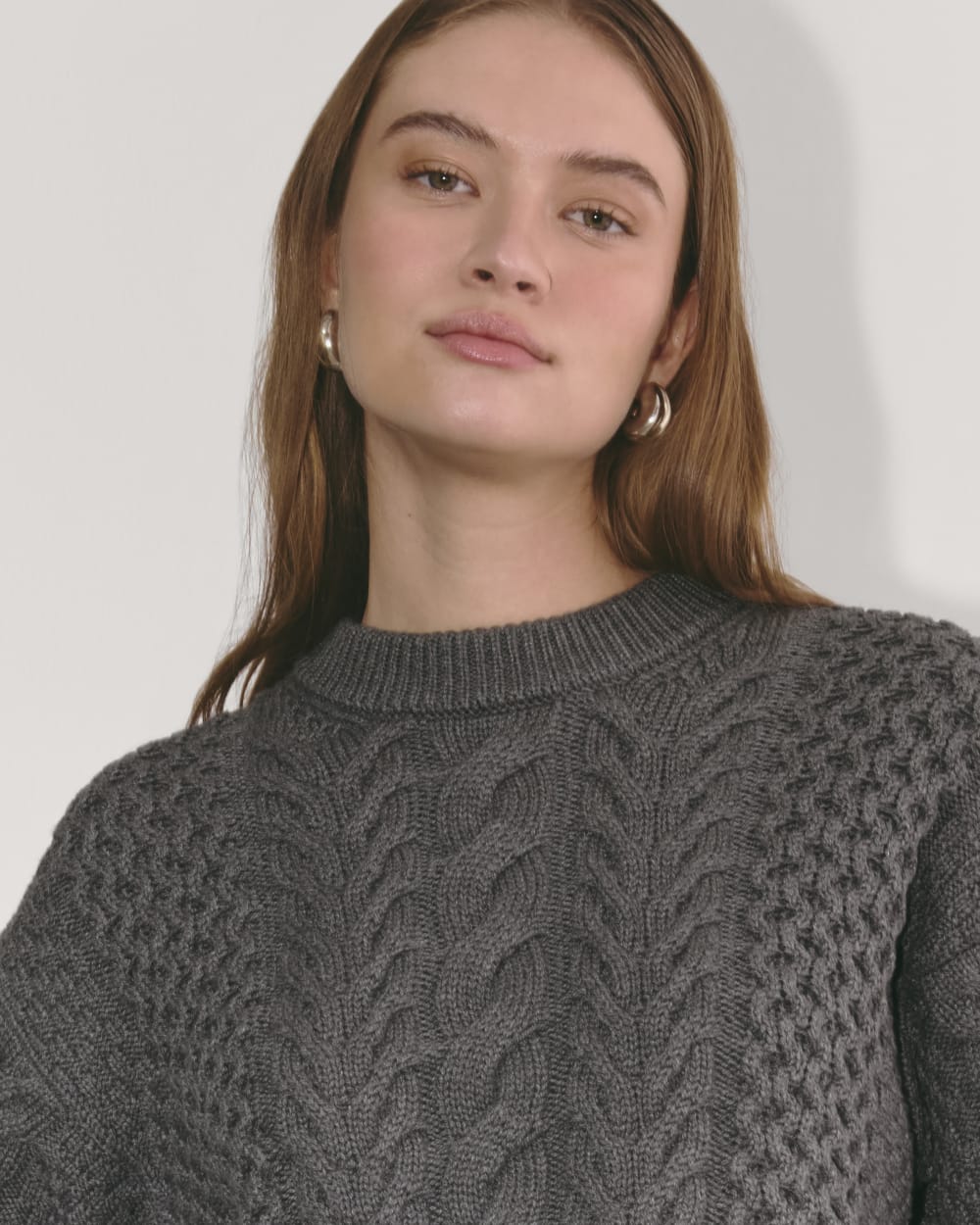 The Cable Sweater in Everyday Cotton in Heathered Charcoal — detail view