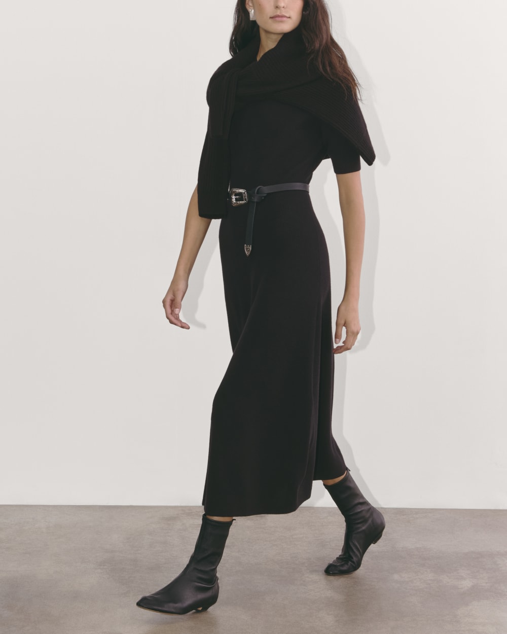The Ribbed Sweater Dress in Black — detail view